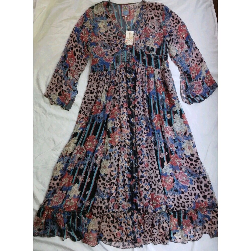 $575 NWT JOHNNY WAS Multicolored Ontar Beesley Dress Burnout Floral Leopard L - Picture 2 of 16